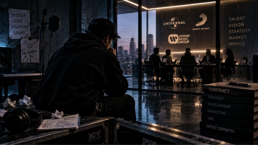 Artista emergente davanti a una riunione dell’industria musicale con major discografiche e A&R